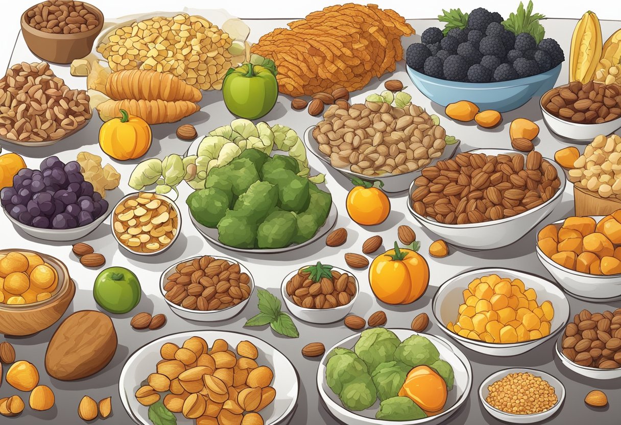 A table with a variety of foods, including crunchy fruits and vegetables, nuts, and sticky candies. A clear division between the "enjoy" and "avoid" foods