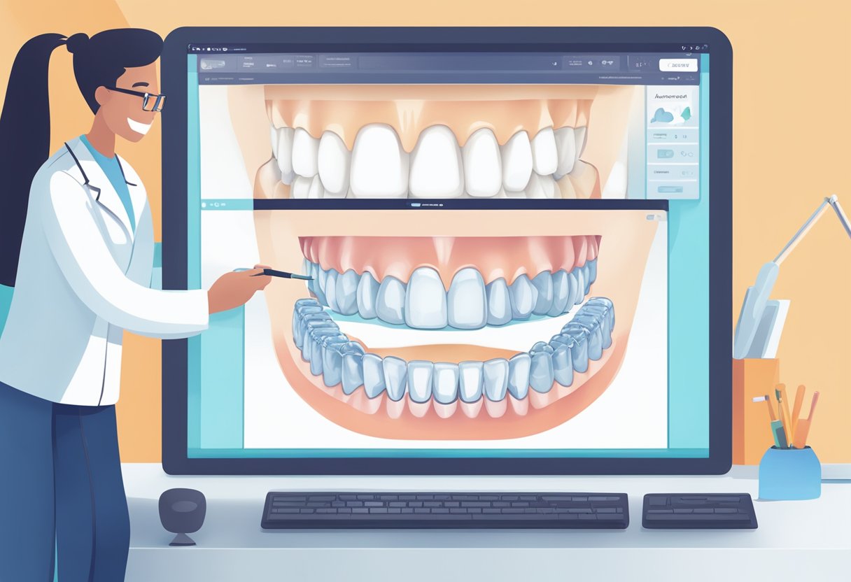 A computer screen displaying advanced Invisalign software, with a dentist planning treatment