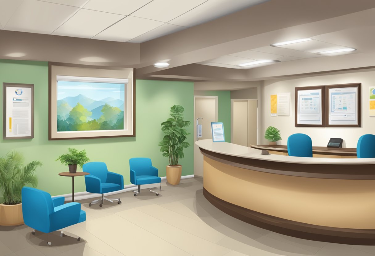 A waiting room with comfortable chairs, a reception desk, and a friendly receptionist. A sign on the wall provides information about orthodontic procedures