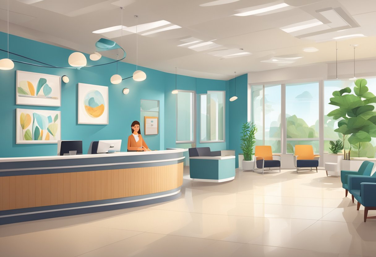 A receptionist welcomes a patient at the orthodontist's office. A waiting area with comfortable chairs and magazines. Bright, clean, and modern decor