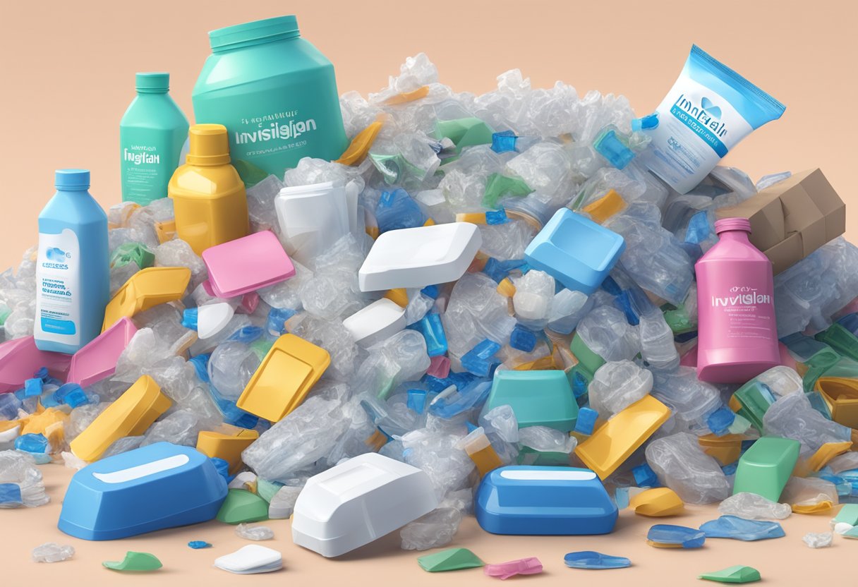 A pile of plastic waste from Invisalign aligners sits in a landfill, surrounded by discarded packaging and materials