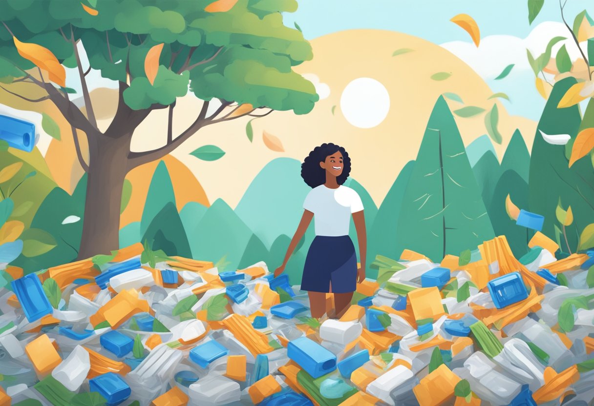 A pile of plastic waste sits next to a traditional metal braces, while a tree flourishes next to a smiling person wearing Invisalign aligners