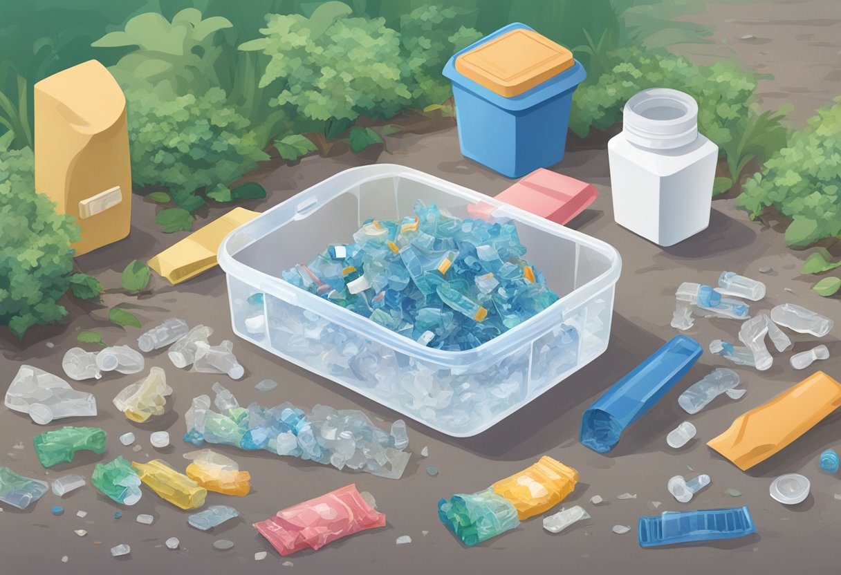 A pile of plastic waste sits next to a discarded Invisalign tray. Nearby, a tree wilts under pollution