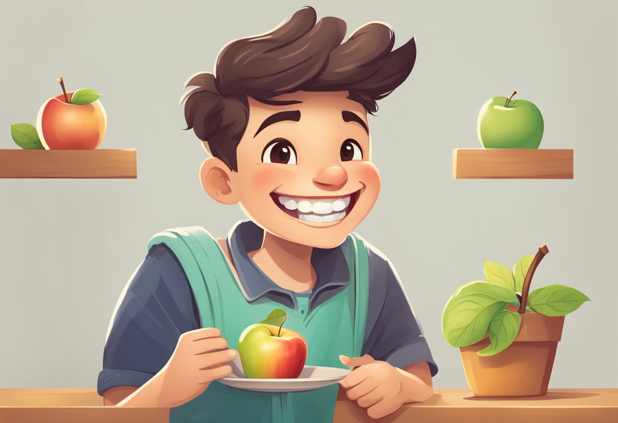 A smiling character confidently eats an apple while wearing braces, showcasing the ability to overcome challenges