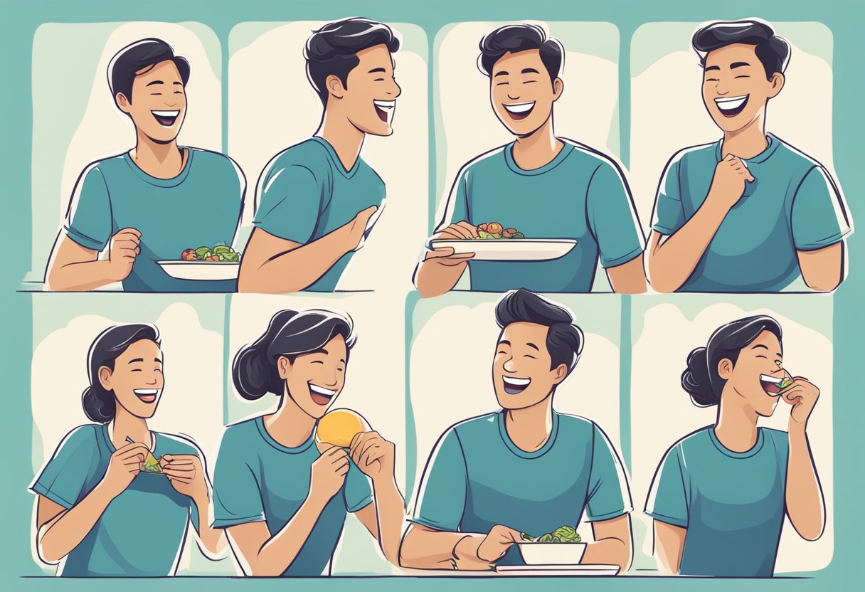 A person smiling confidently while engaging in various activities, such as eating, speaking, and exercising, with braces on their teeth