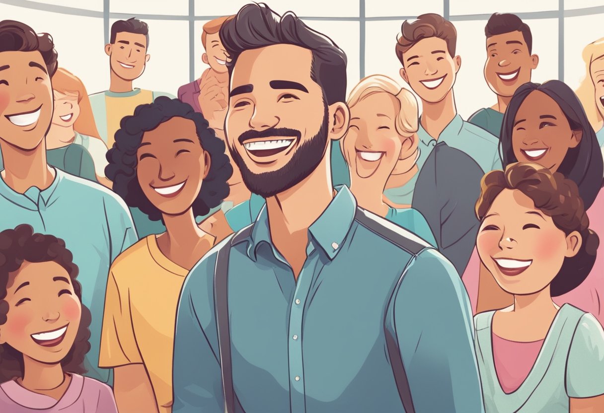 A smiling person confidently speaks while wearing braces, surrounded by supportive friends and family