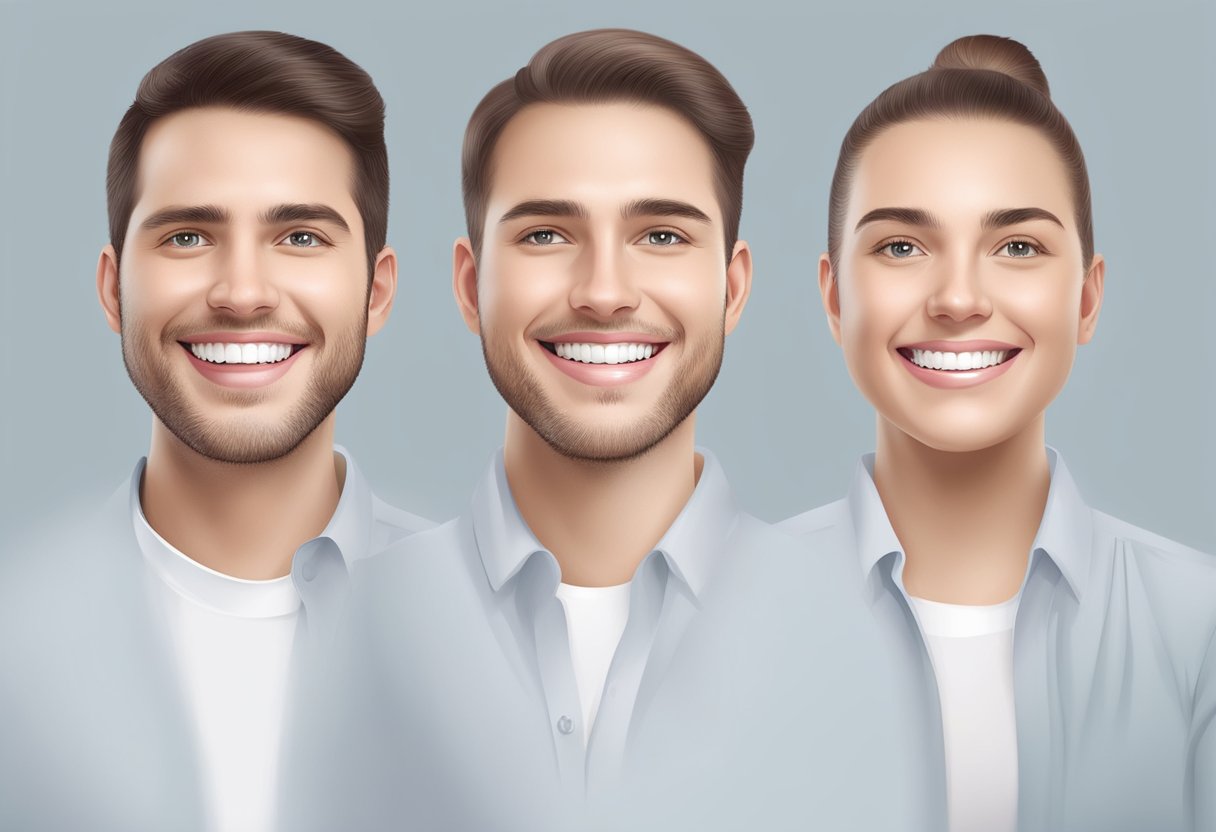 A smile transformation: Before, misaligned teeth. After, straight, confident smile. Illustrate the change with Invisalign aligners