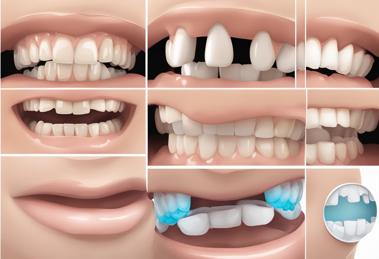 A set of Invisalign aligners displayed next to before-and-after photos, showcasing successful results