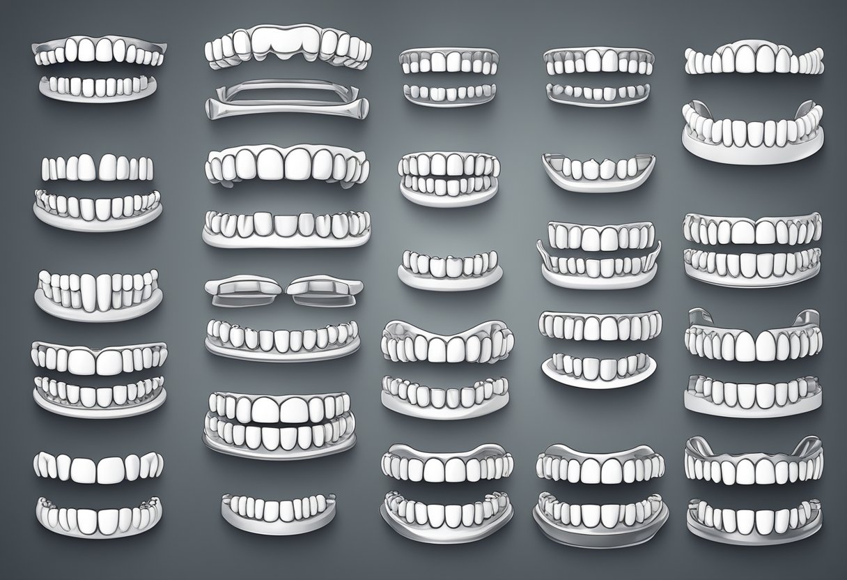 A variety of adult braces displayed on a clean, white surface with bright lighting to highlight the different styles and options available for achieving a perfect smile